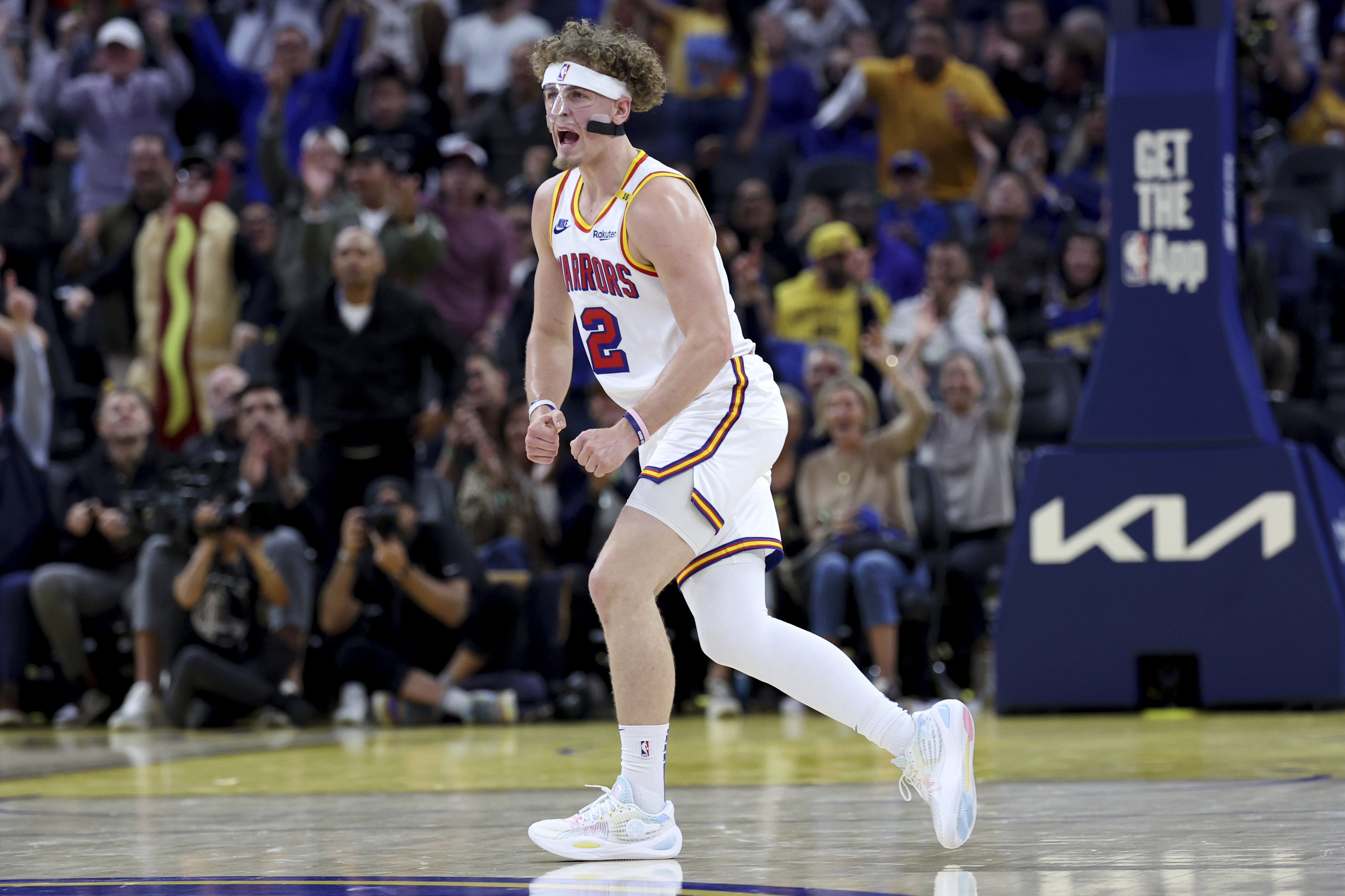 Golden State Warriors guard Brandin Podziemski (2) celebrates against the New Orleans Pelicans during the first half of an NBA basketball game in San Francisco, Tuesday, Oct. 29, 2024.