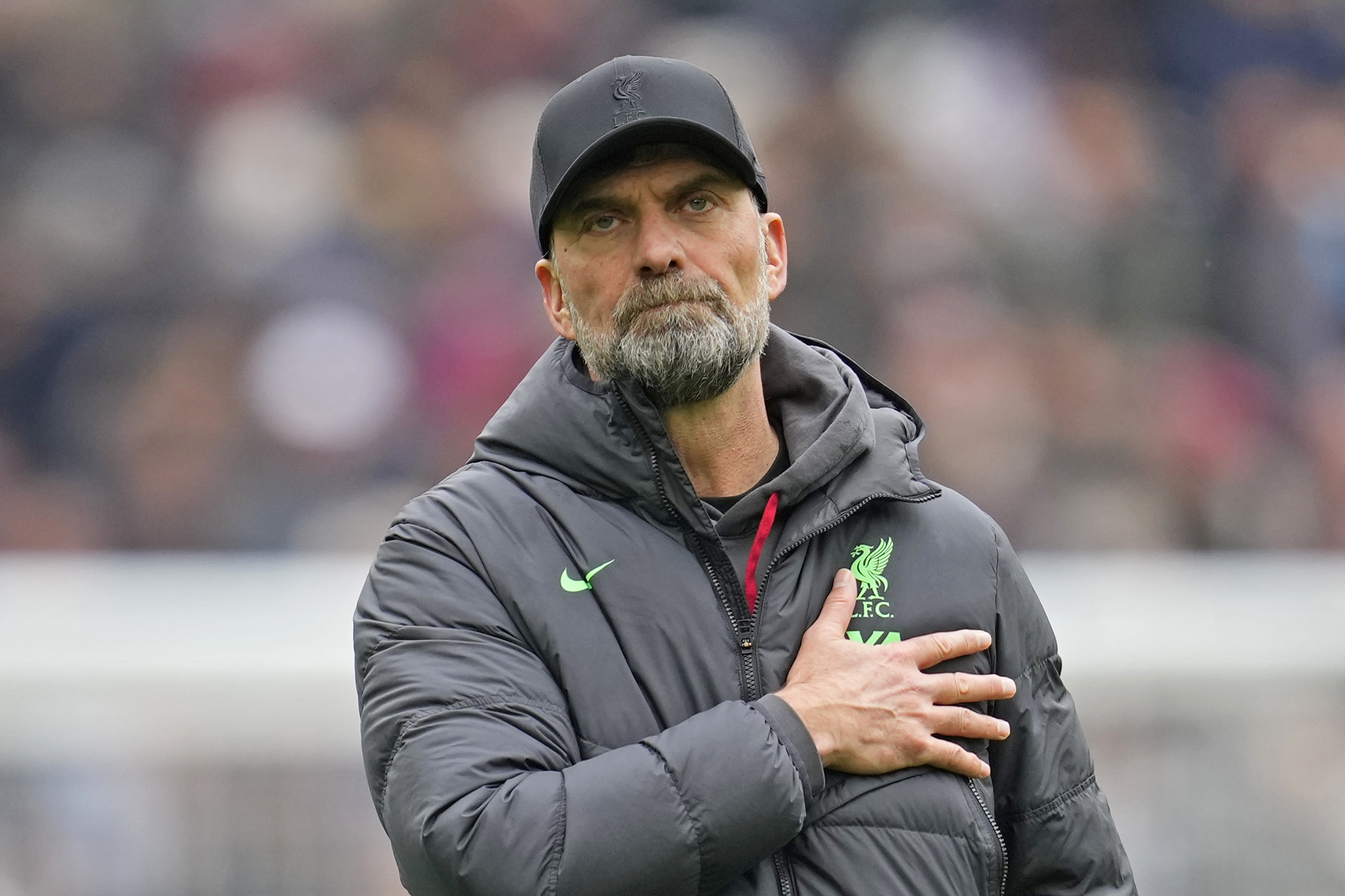 FILE - Liverpool's manager Jurgen Klopp gestures to fans at the end of the English Premier League soccer match between West Ham United and Liverpool at London stadium in London, Saturday, April 27, 2024. The match ended in a 2-2 draw.