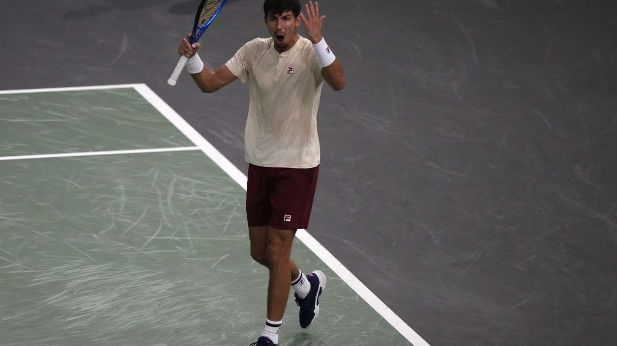 Alexei Popyrin, of Australia, reacts after winning a point as he plays Russia's Daniil Medvedev during their second round match of the Paris Masters tennis tournament, Wednesday, Oct. 30, 2024 in Paris.