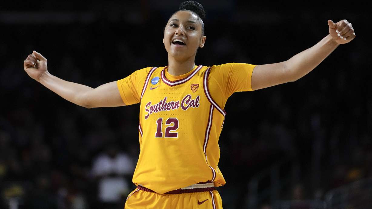 FILE - Southern California guard JuJu Watkins reacts after a shot during a second-round college basketball game against Kansas in the women's NCAA Tournament in Los Angeles, Monday, March 25, 2024.