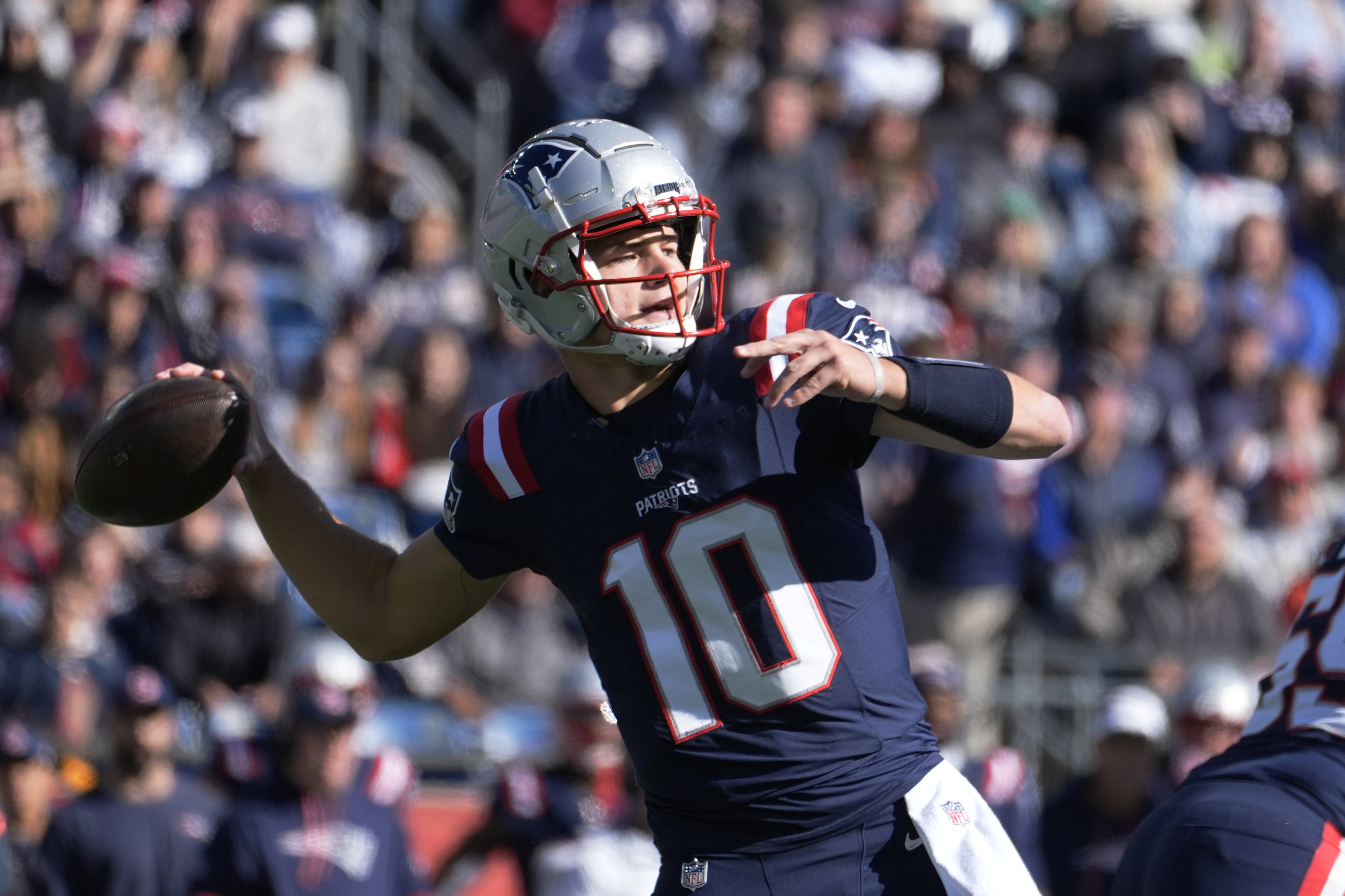 New England Patriots quarterback Drake Maye passes the ball in the first half of an NFL football game against the New York Jets, Sunday, Oct. 27, 2024, in Foxborough, Mass. 