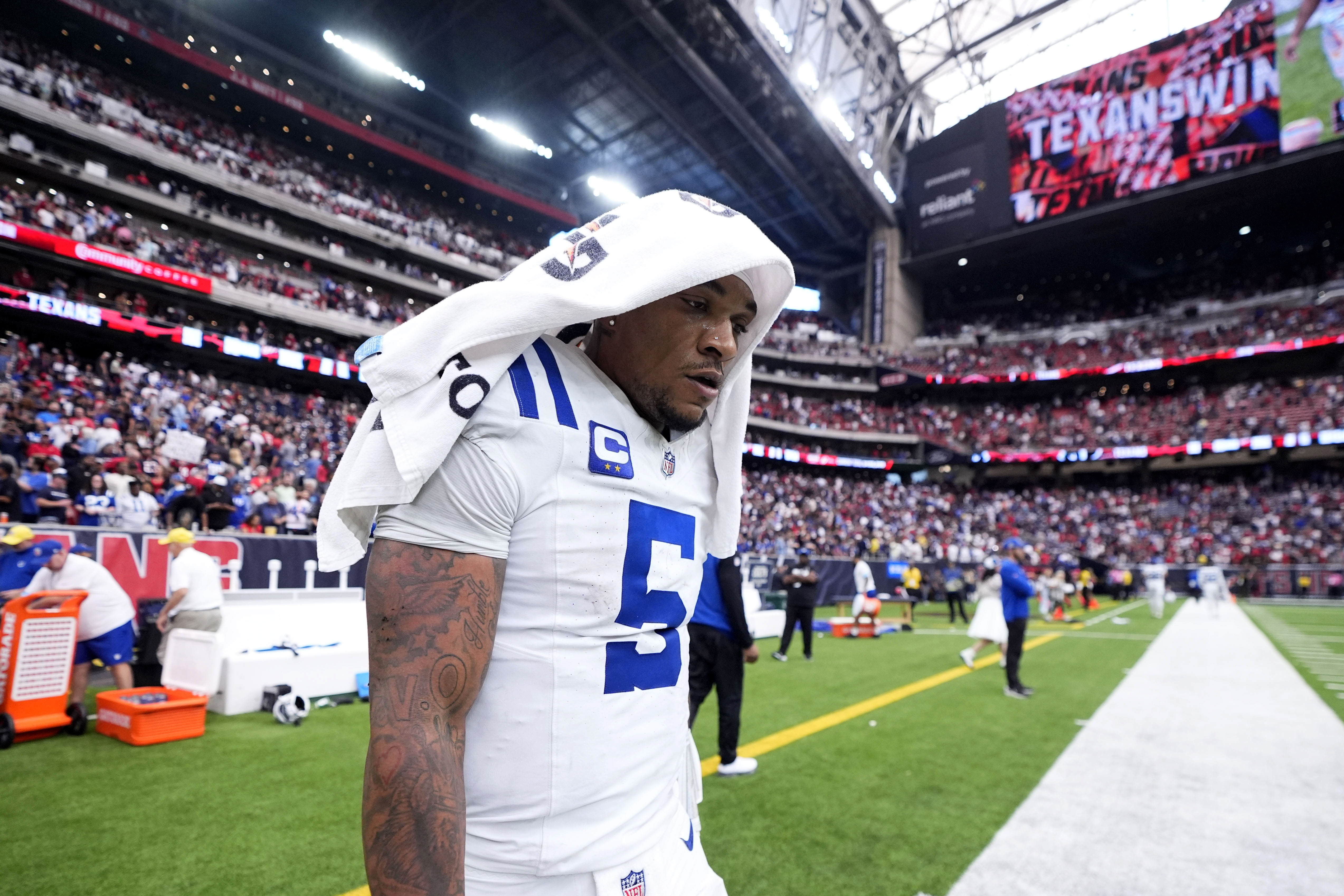 Indianapolis Colts quarterback Anthony Richardson (5) walks off the field after an NFL football game against the Houston Texans, Sunday, Oct. 27, 2024, in Houston. The Texans won 23-20.
