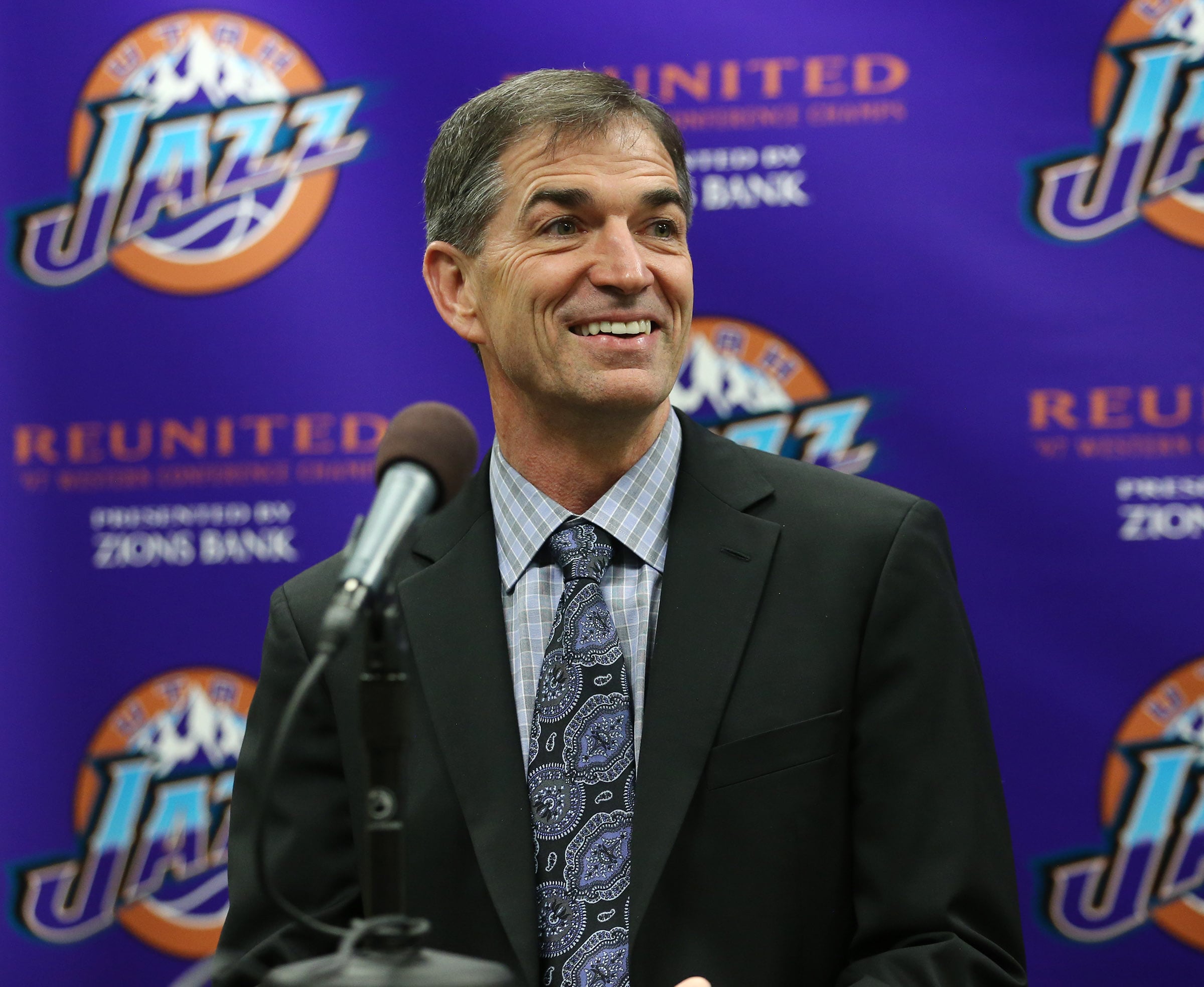 Former Utah Jazz great John Stockton answers a question as he and Jazz owner Gail Miller and former Jazz head coach Jerry Sloan attend a press conference as the 1997 Western Conference champions reunite on March 22, 2017. Stockton announced his support for former President Donald Trump on Tuesday.