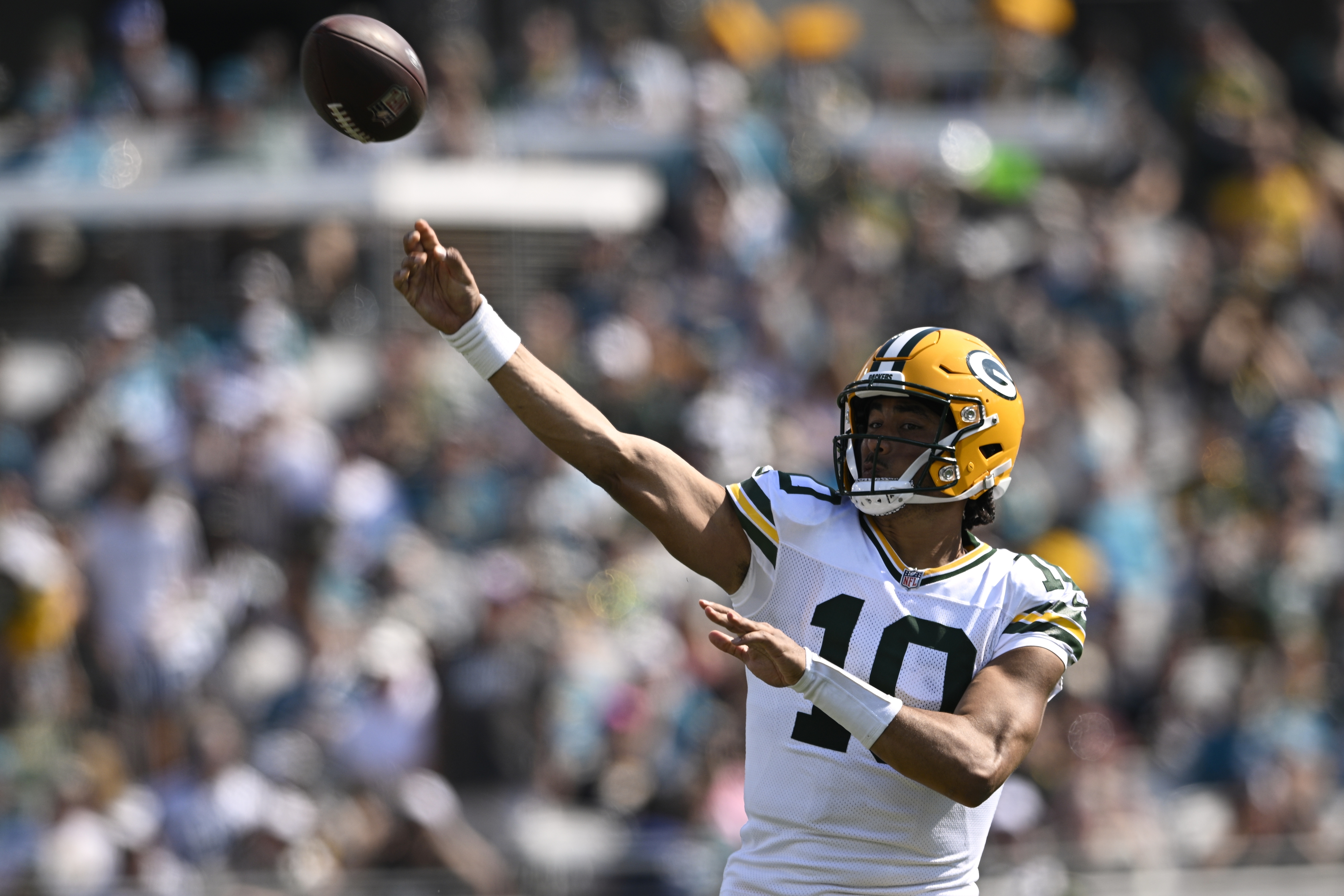 Green Bay Packers' Jordan Love throws during the first half of an NFL football game against the Jacksonville Jaguars Sunday, Oct. 27, 2024, in Jacksonville, Fla. 