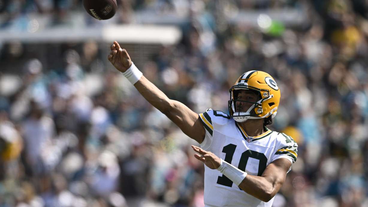 Green Bay Packers' Jordan Love throws during the first half of an NFL football game against the Jacksonville Jaguars Sunday, Oct. 27, 2024, in Jacksonville, Fla.