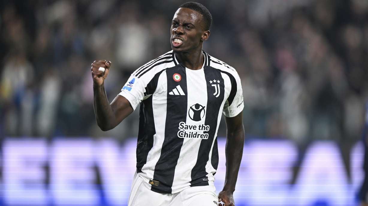 Juventus' Timothy Weah celebrates after scoring the 2-2 goal for his team during the Serie A soccer match between Juventus and Parma at the Allianz Stadium in Turin, Italy Wednesday, Oct. 30, 2024.