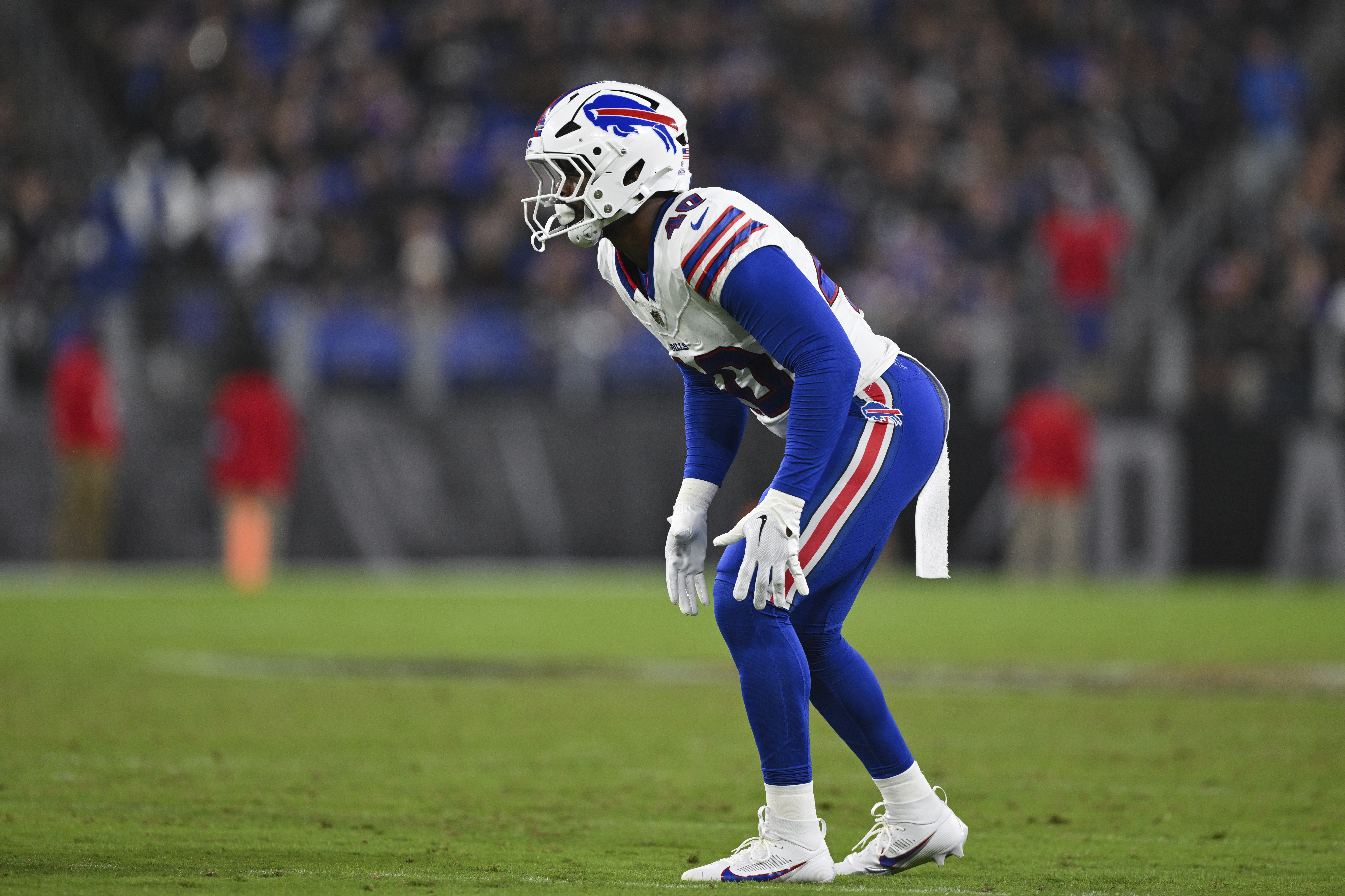 FILE - Buffalo Bills linebacker Von Miller (40) gets in position during the second half of an NFL football game against the Baltimore Ravens, Sept. 29, 2024, in Baltimore.