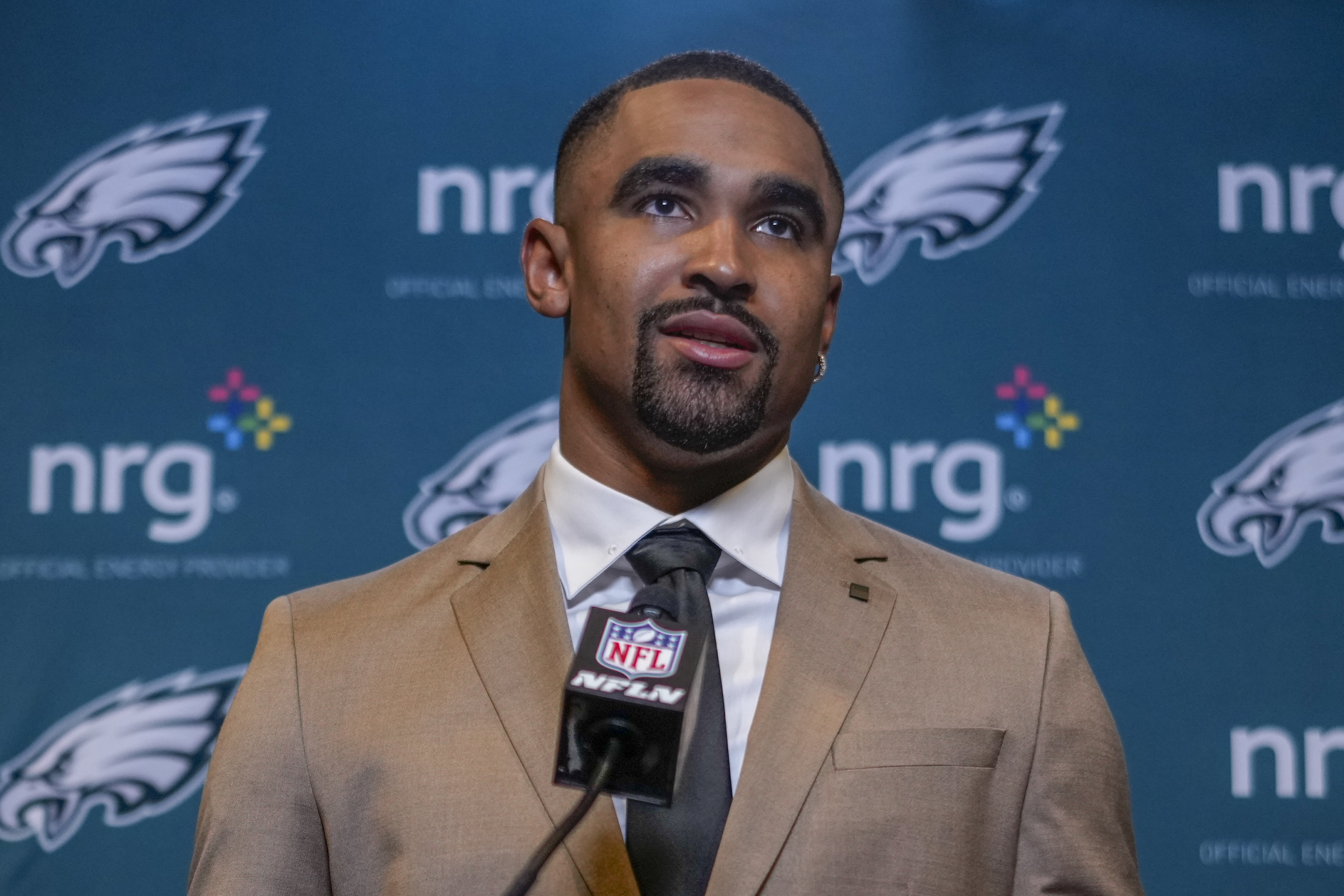 Philadelphia Eagles quarterback Jalen Hurts speaks to reporters following an NFL football game against the Cincinnati Bengals, Sunday, Oct. 27, 2024, in Cincinnati. The Eagles won 37-17.