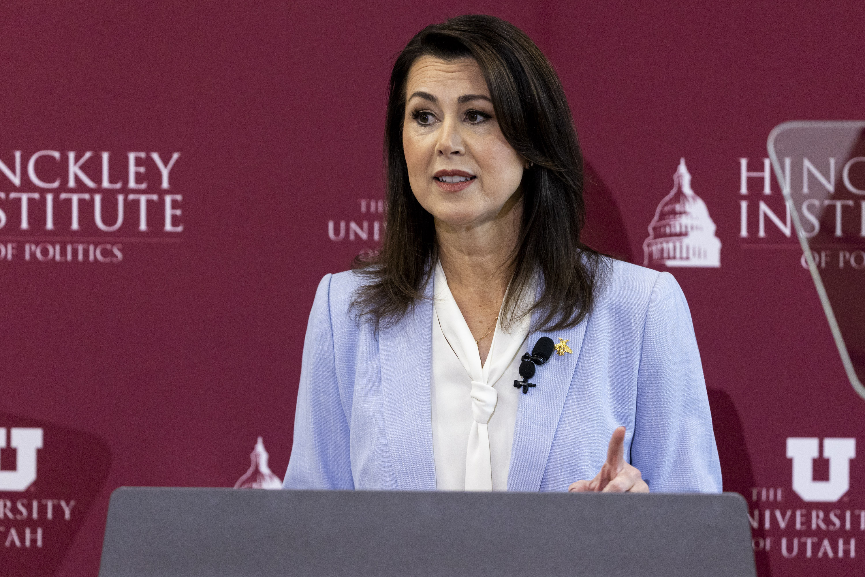 Utah Lt. Gov. Deidre Henderson speaks at the University of Utah on Oct. 3. Henderson and other elected officials have faced increased threats, most recently from some who appear to be Phil Lyman supporters calling for the death penalty.