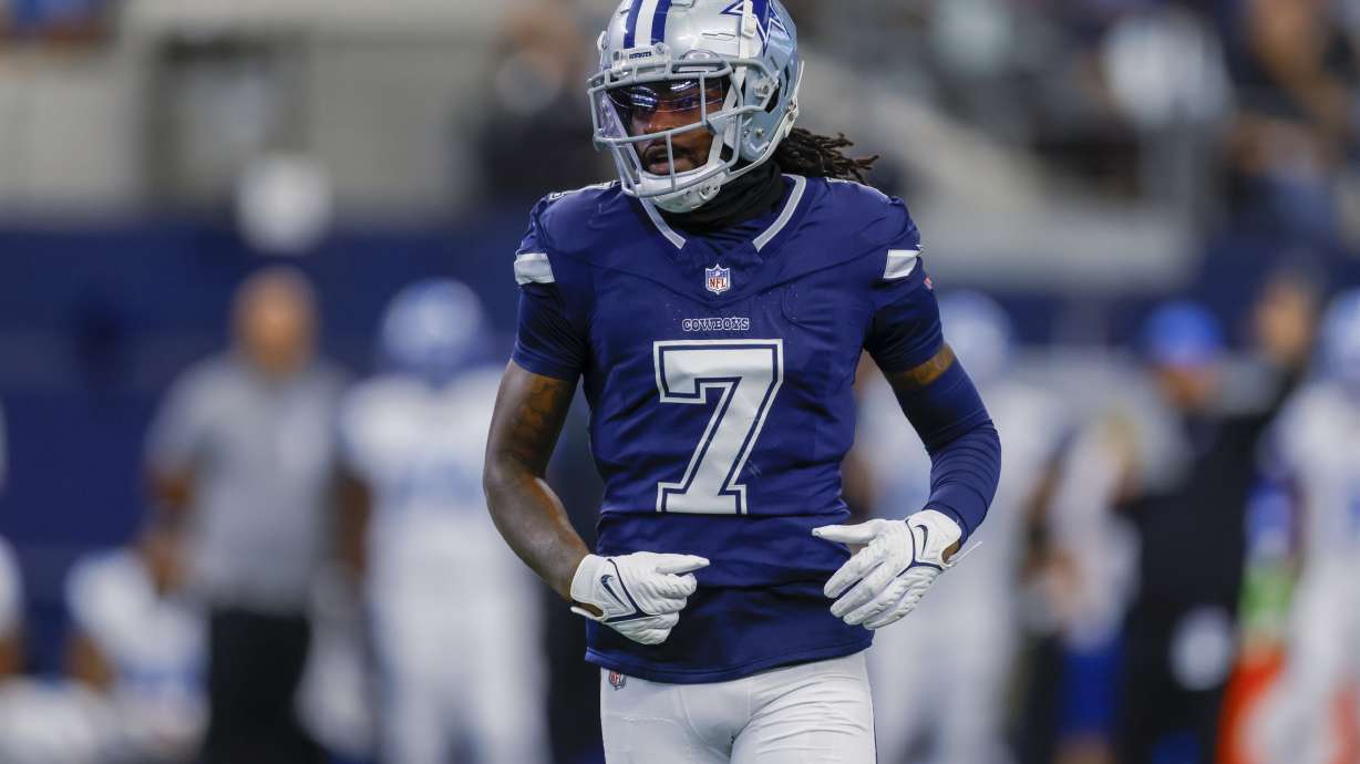 FILE - Dallas Cowboys cornerback Trevon Diggs runs to the line to cover a receiver during an NFL football game against the Detroit Lions in Arlington, Texas, Oct. 13, 2024.