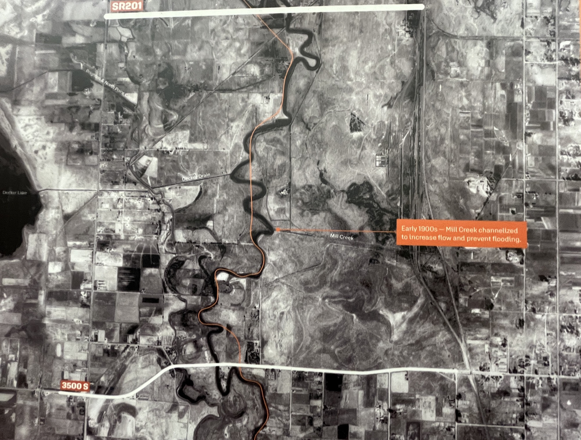 This map shows the 1937 path of the Jordan River in the north end of the  Central Jordan River Reconnect Project area and how it differs today (orange line). Some projects changed the river's natural function before 1937.