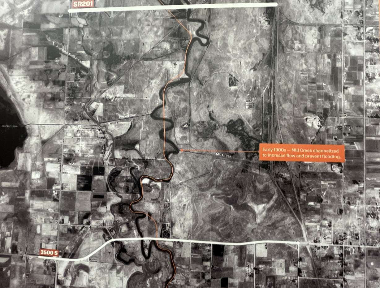 This map shows the 1937 path of the Jordan River in the north end of the Central Jordan River Reconnect Project area and how it differs today (orange line). Some projects changed the river's natural function before 1937.