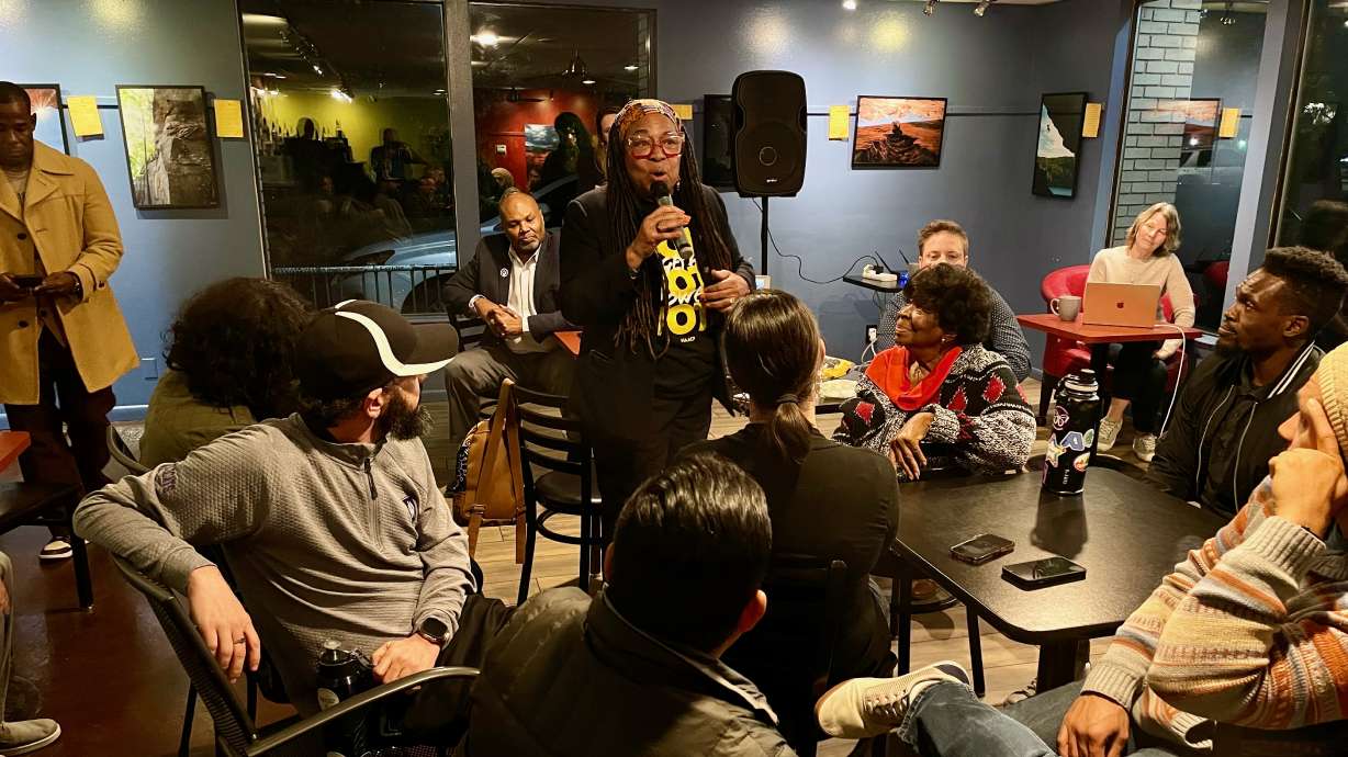 Betty Sawyer, head of the Ogden Branch of the NAACP, addresses a gathering of foes of HB261 in Ogden on Wednesday.