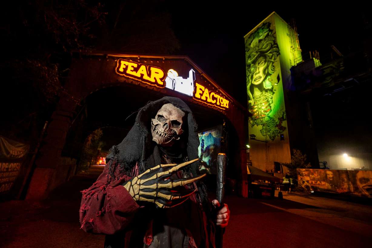 Kevin Williams, of West Valley City, poses in costume as “Gravedigger” at Fear Factory in Salt Lake City on Sept. 20.