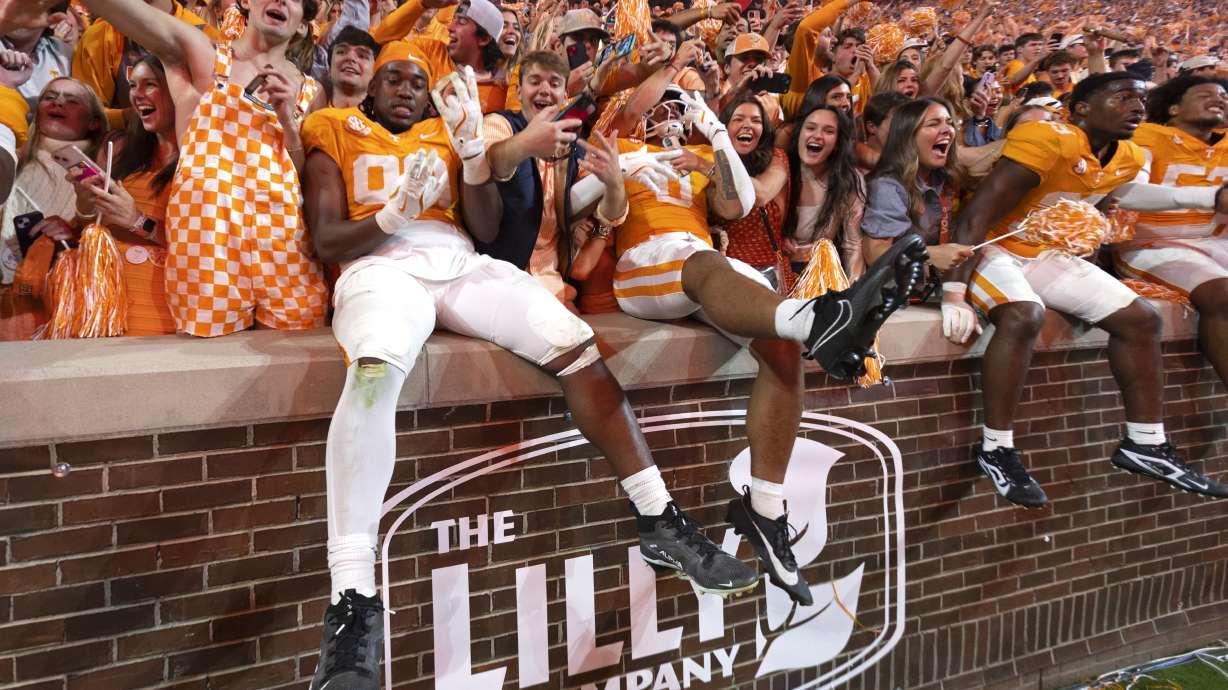 Tennessee tight end Titus Rohrer (89) and tight end Ethan Davis (0) celebrate with fans after an NCAA college football game against Alabama, Saturday, Oct. 19, 2024, in Knoxville, Tenn.