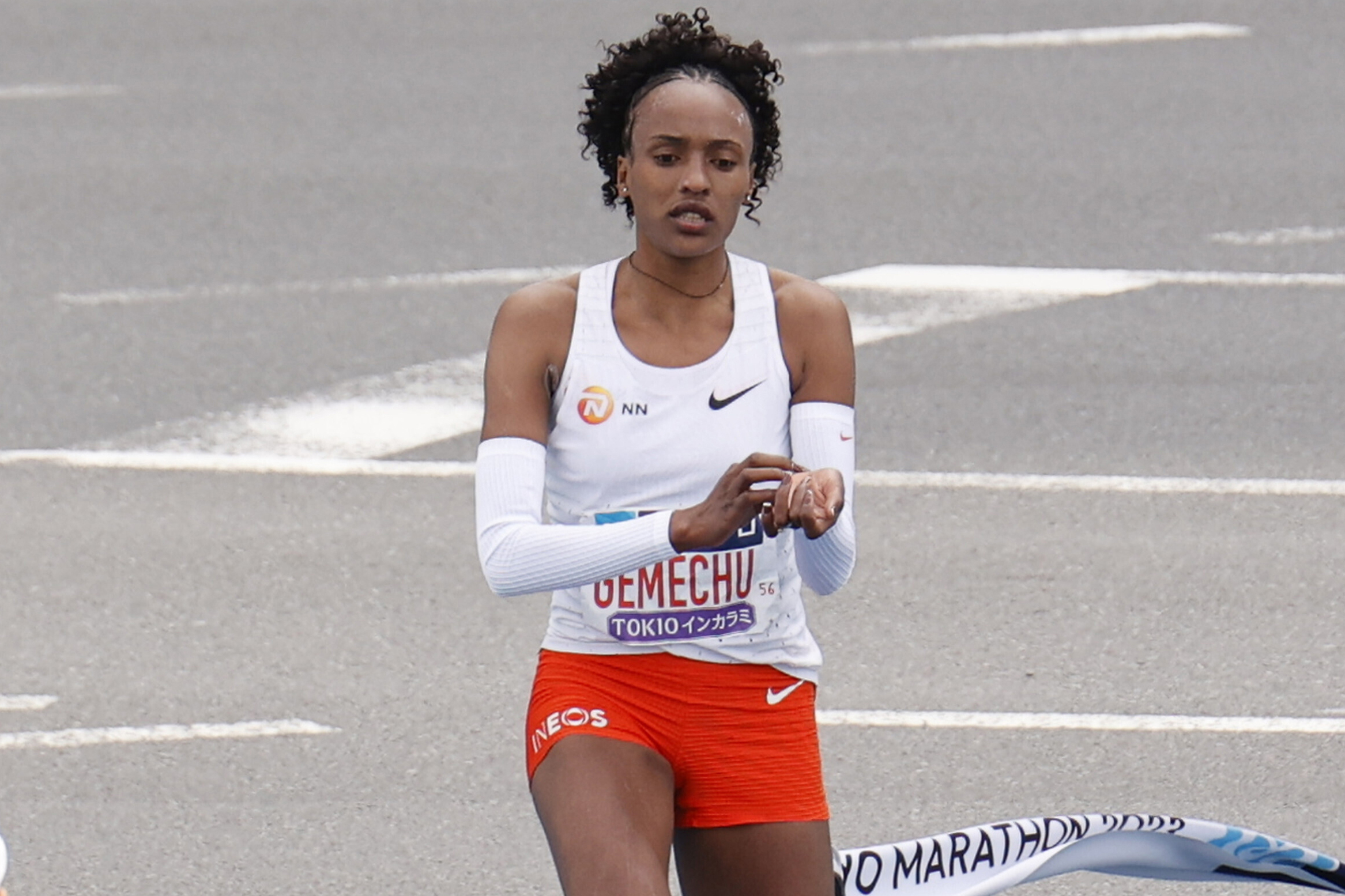 FILE - Ethiopian athlete Tsehay Gemechu crosses the finish line in second place in the women's race of the Tokyo Marathon in Tokyo, Japan, March 5, 2023. 