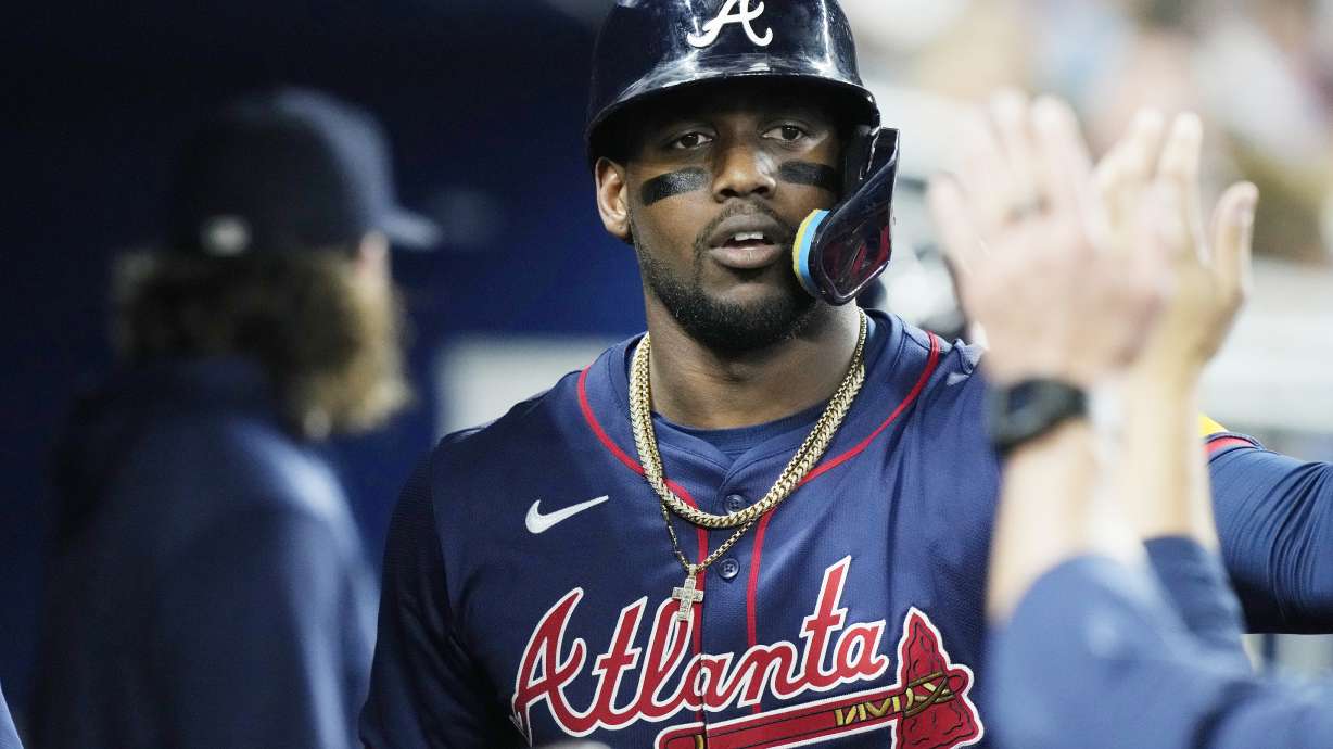 FILE - Atlanta Braves' Jorge Soler celebrates after hitting a home run during the second inning of a baseball game against the Miami Marlins, Sept. 21, 2024, in Miami.