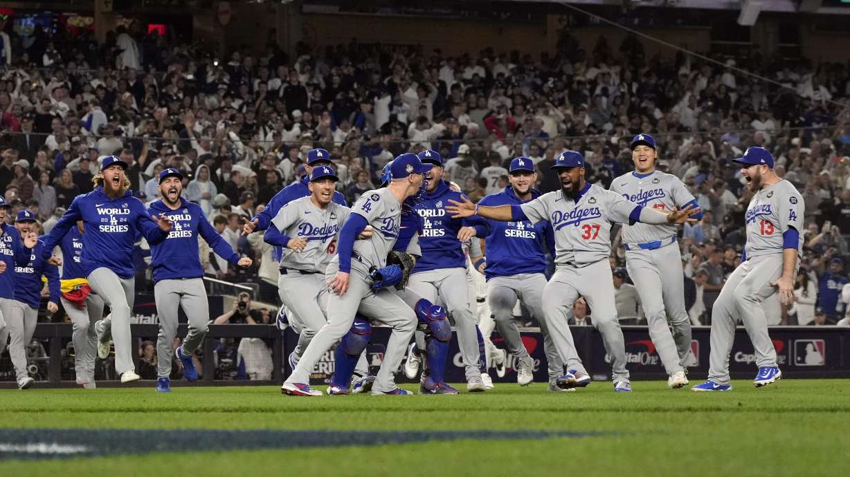 The Los Angeles Dodgers celebrate their win against the New York Yankees in Game 5 to win the baseball World Series, Wednesday, Oct. 30, 2024, in New York.