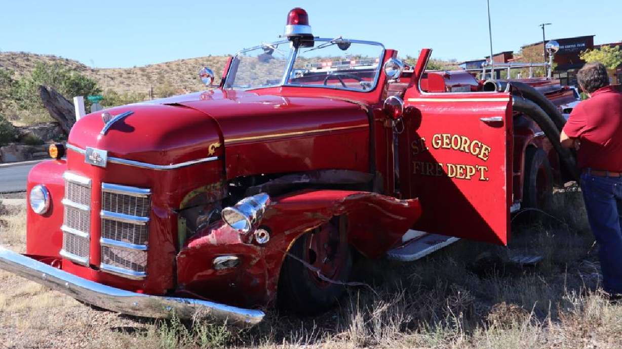 A 1948 Ahrens Fox was damaged in a two-vehicle crash after the fire engine reportedly experienced a brake failure on Desert Canyon Parkway in St. George, Wednesday.