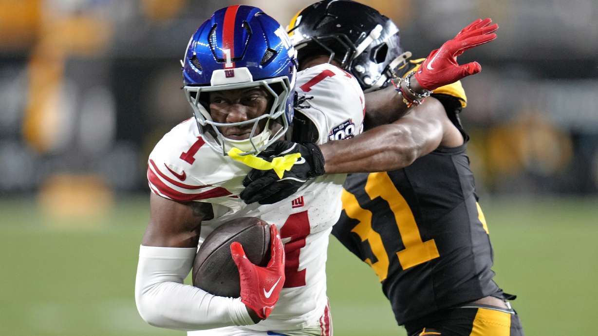 FILE - New York Giants wide receiver Malik Nabers (1) is tackled by Pittsburgh Steelers cornerback Beanie Bishop Jr. (31) after making a catch during the first half of an NFL football game Monday, Oct. 28, 2024.