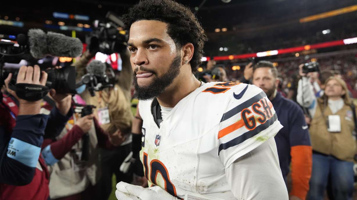 Chicago Bears quarterback Caleb Williams leaves the field after an 18-15 loss to the Washington Commanders in an NFL football game Sunday, Oct. 27, 2024, in Landover, Md.