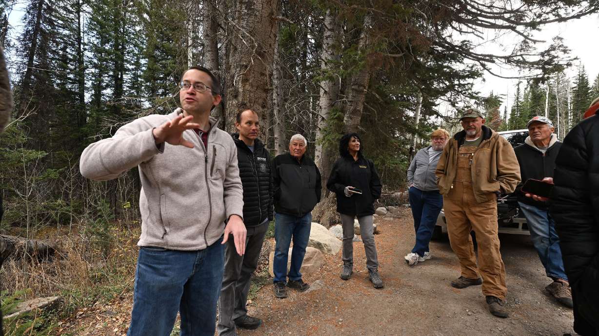 Robert Tee Spjute, an attorney, speaks as he joins with a group of concerned landowners, backcountry skiers and hikers that are banding together in a coalition to express disappointment in the U.S. Forest Service cutting off access to prime recreational area on private property because it involves a Forest Service road.