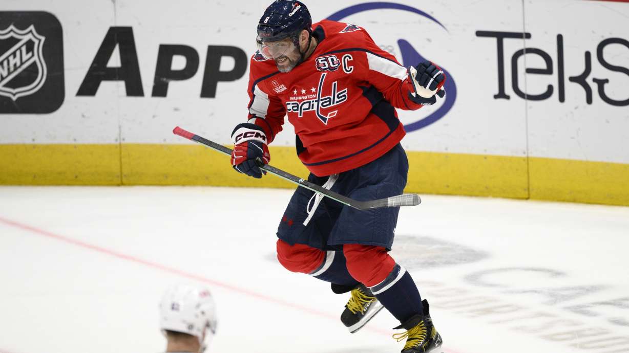 Washington Capitals left wing Alex Ovechkin (8) celebrates his goal during the third period of an NHL hockey game against the Montreal Canadiens, Thursday, Oct. 31, 2024, in Washington. The Capitals won 6-3.