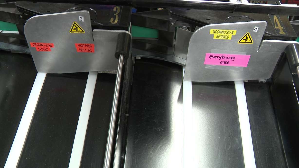 The section of the machine where ballots get sorted is shown Thursday in Ogden.