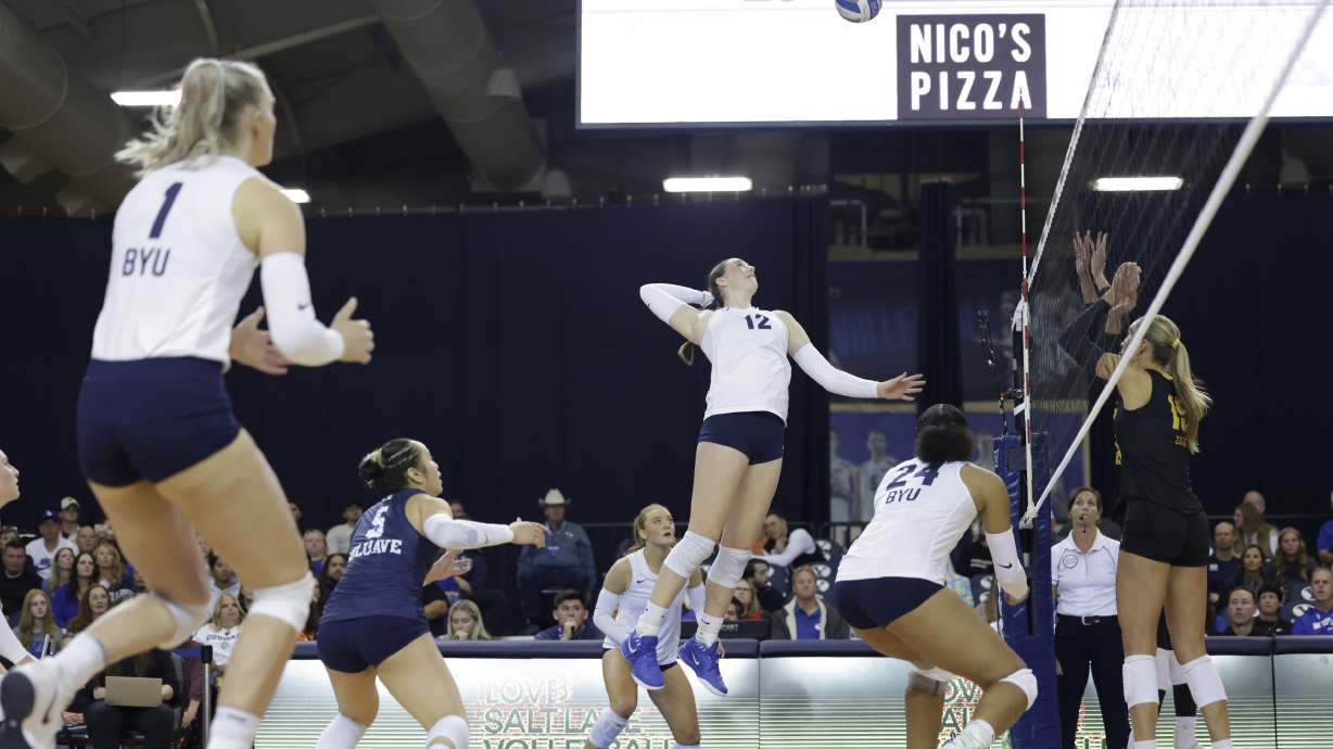 BYU's Claire Little leaps to attack during a Big 12 women's volleyball match against No. 13 Arizona State, Thursday, Oct. 31, 2024 at the Smith Fieldhouse in Provo, Utah.