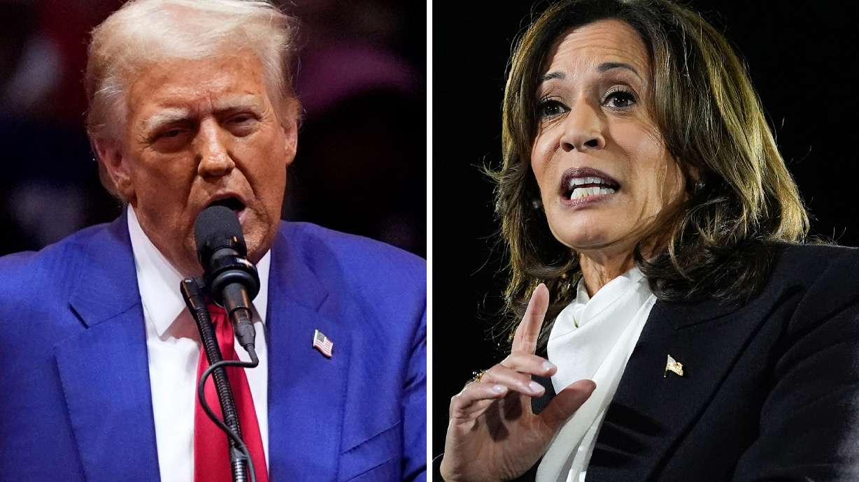 This combination of photos shows Republican presidential candidate former President Donald Trump, left, and Democratic presidential nominee Vice President Kamala Harris, right. Both will host dueling rallies within seven miles of one another on Friday night in Milwaukee.