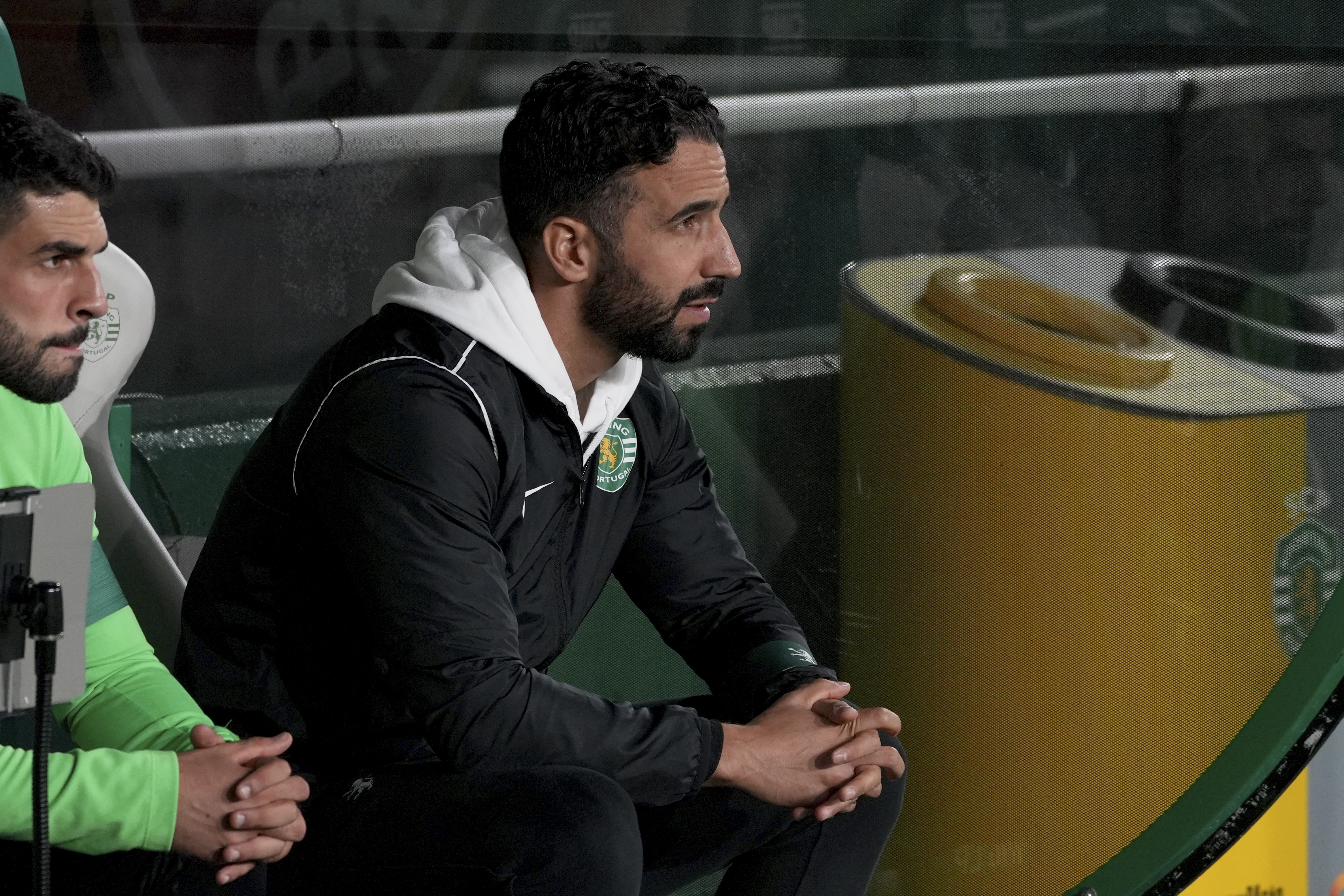 Sporting's head coach Ruben Amorim, who Manchester United has expressed an interest in hiring, sits on the bench during a Portuguese League Cup soccer match between Sporting CP and Nacional at the Alvalade stadium in Lisbon, Tuesday, Oct. 29, 2024.