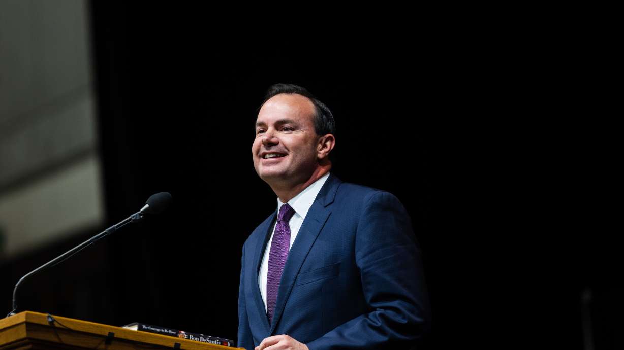 Sen. Mike Lee, R-Utah, speaks in Orem on April 22, 2023. Lee helped make closing arguments for Donald Trump's presidential campaign in Arizona on Thursday.