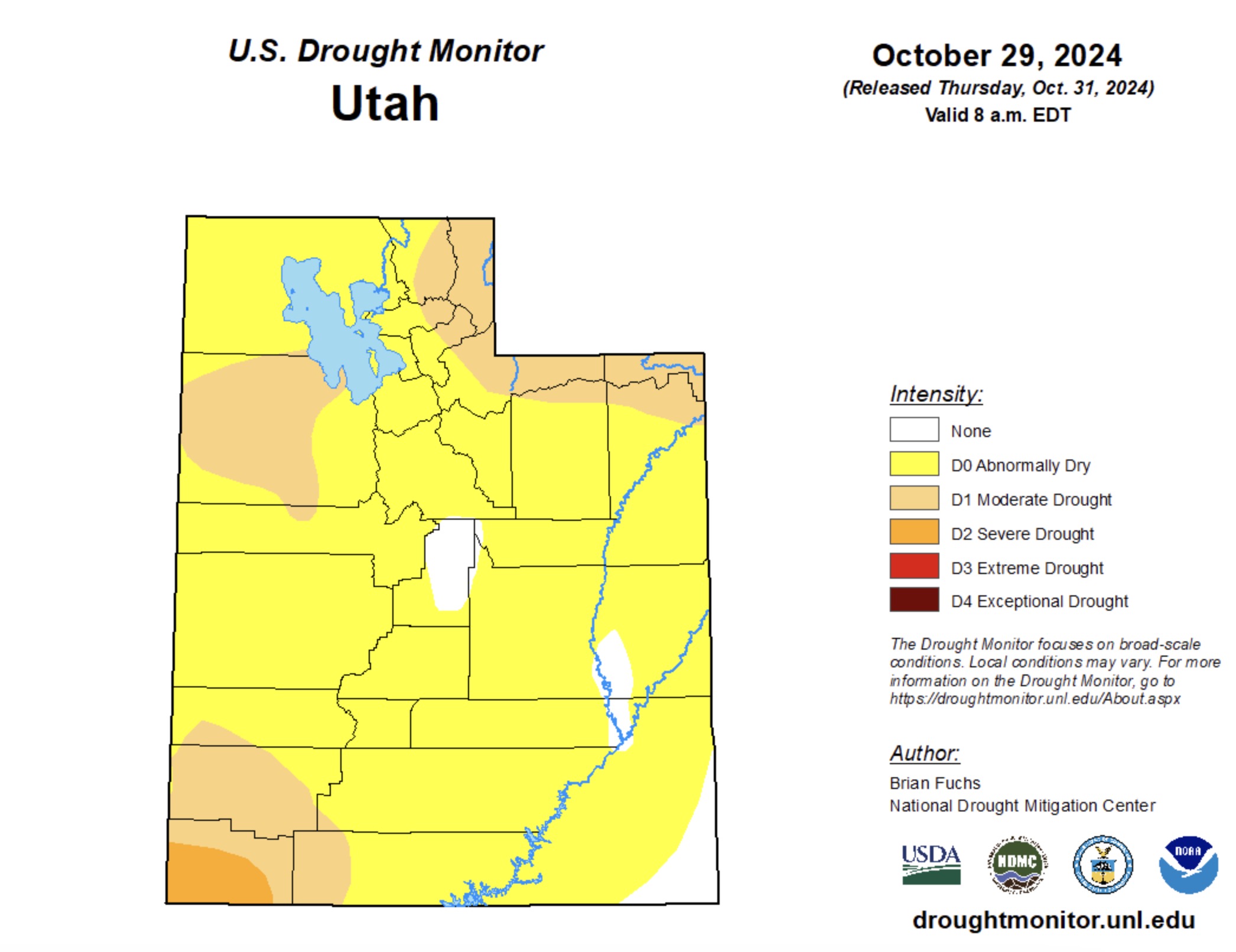 This map shows the drought situation in Utah at the end of October. About 20% of the state is in moderate drought or worse, according to the U.S. Drought Monitor.