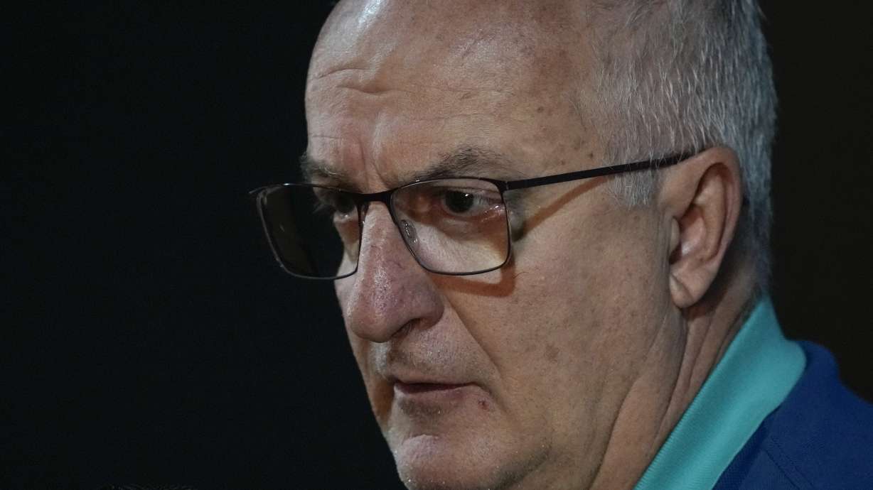 Brazil's soccer coach Dorival Junior gives a press conference before a training session ahead of a World Cup qualifier match against Peru in Brasilia, Brazil, Monday, Oct. 14, 2024.