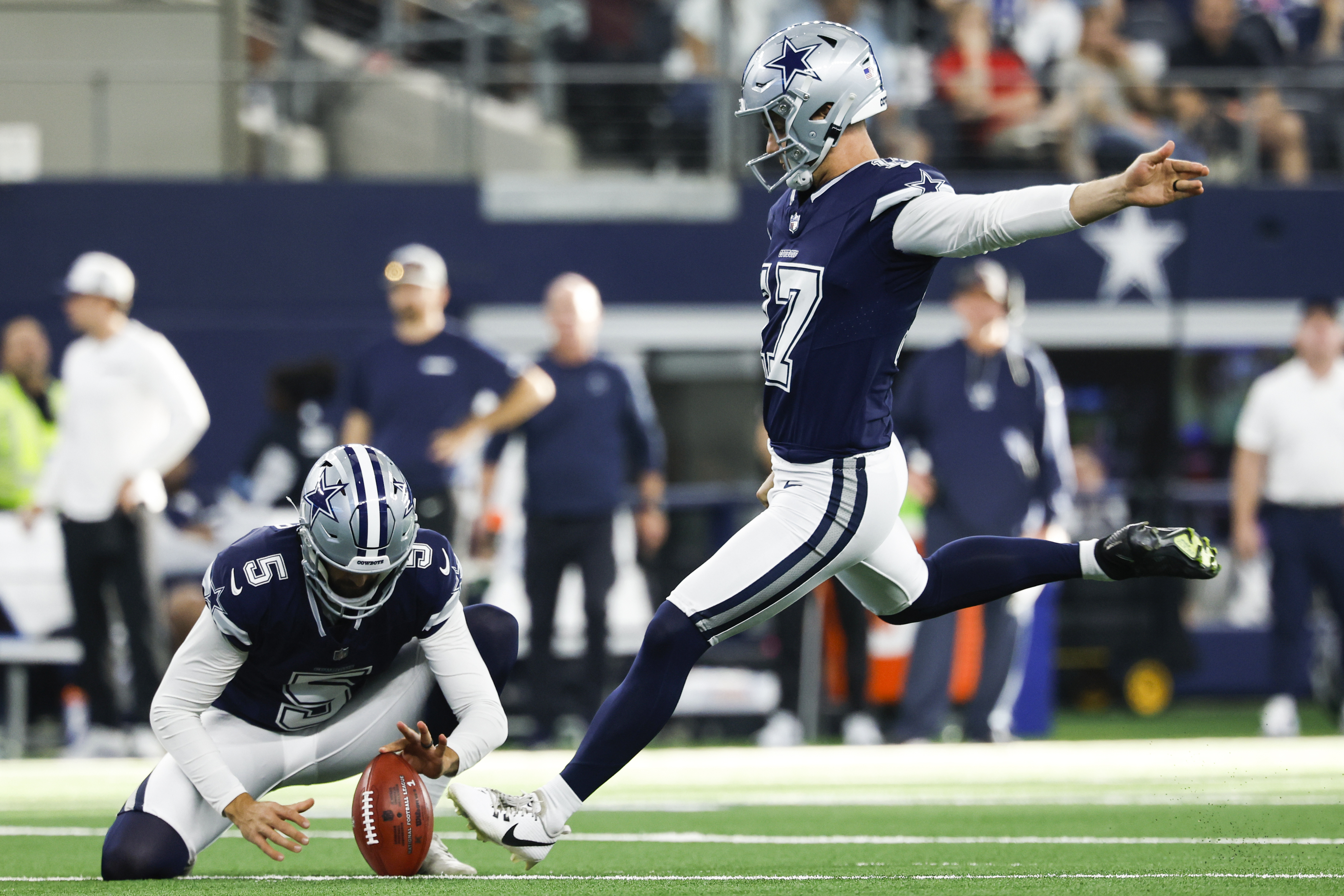 FILE - Dallas Cowboys kicker Brandon Aubrey (17) kicks a field goal during an NFL football game against the Detroit Lions, Sunday, Oct. 13, 2024, in Arlington, Texas.