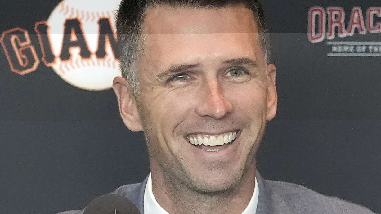 FILE - San Francisco Giants president of baseball operations Buster Posey speaks during a news conference in San Francisco, Tuesday, Oct. 1, 2024.