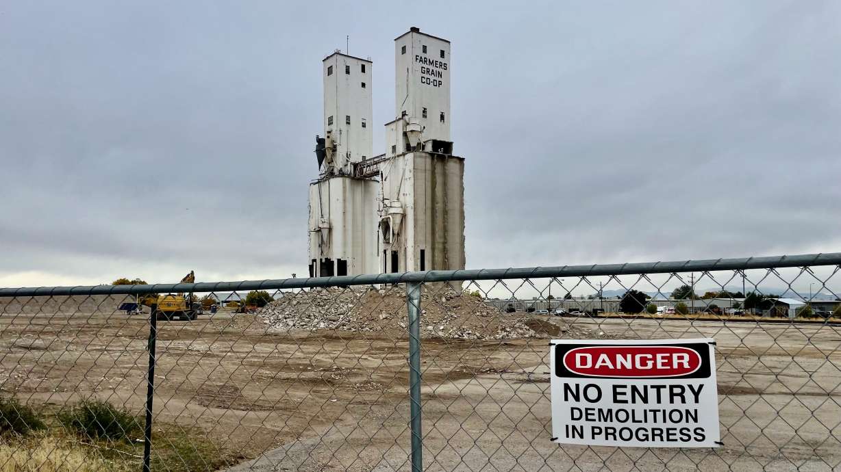 The two head houses that remain of a giant grain elevator that once stood near the I-15 interchange at 24th Street in west Ogden are to be imploded on Saturday.