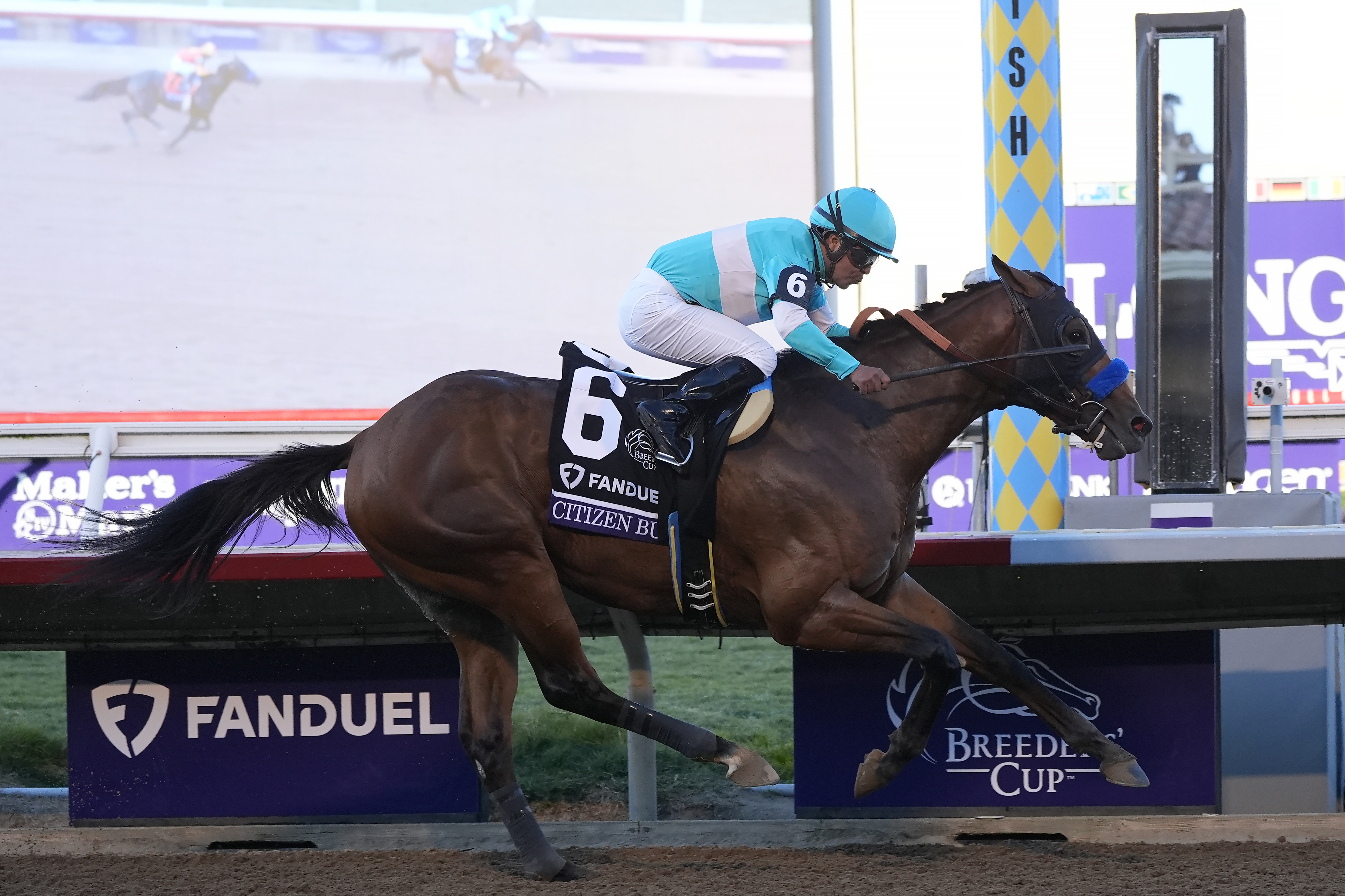 Martin Garcia rides Citizen Bull to victory in the Breeders' Cup Juvenile horse race at Santa Anita Park in Del Mar, Calif., Friday, Nov. 1, 2024.