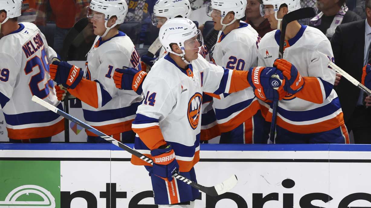 New York Islanders center Bo Horvat (14) celebrates his goal during the first period of an NHL hockey game against the Buffalo Sabres Friday, Nov. 1, 2024, in Buffalo, N.Y.