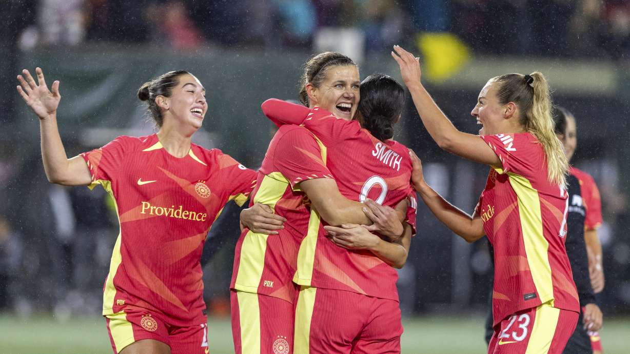 Portland Thorns forward Christine Sinclair (12) celebrates after her goal during the first half of an NWSL soccer match against Angel City FC at Providence Park on Friday Nov. 1, 2024 in Portland, Ore.