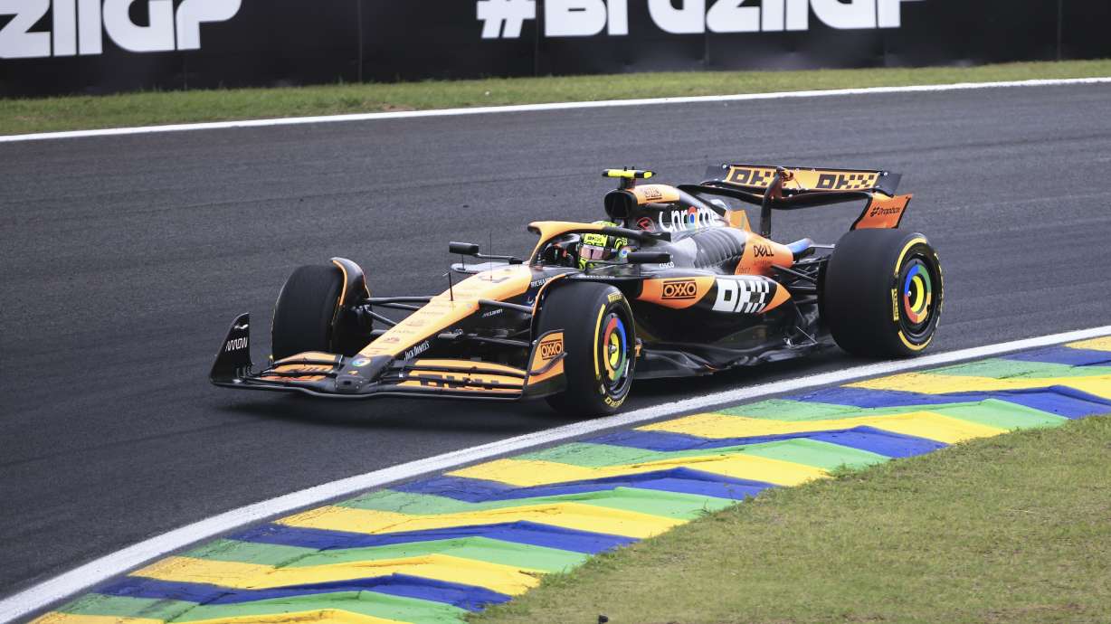 McLaren driver Lando Norris, of Britain, steers his car during the sprint qualifying session ahead of the Brazilian Formula One Grand Prix auto race, at the Interlagos racetrack in Sao Paulo, Brazil, Friday, Nov. 1, 2024.