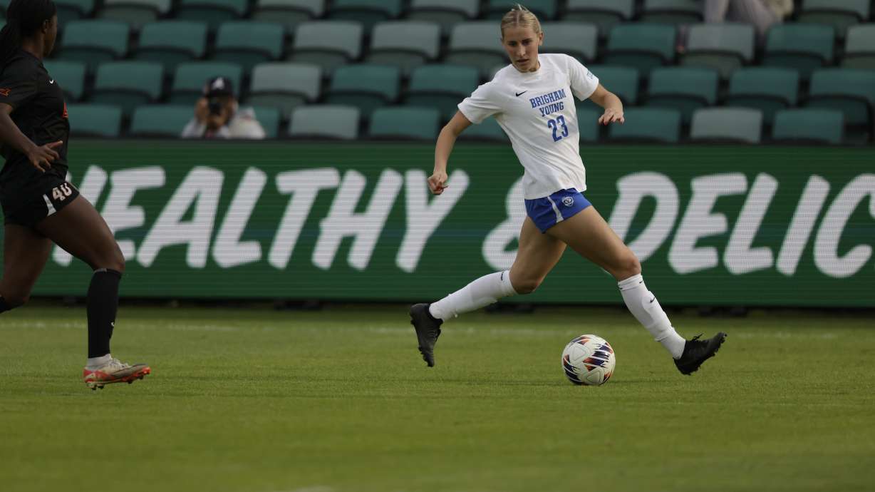 BYU forward Allie Fryer against Oklahoma State during a quarterfinal of the Big 12 women's soccer tournament, Saturday, Nov. 2, 2024 at CPKC Stadium in Kansas City, Mo.
