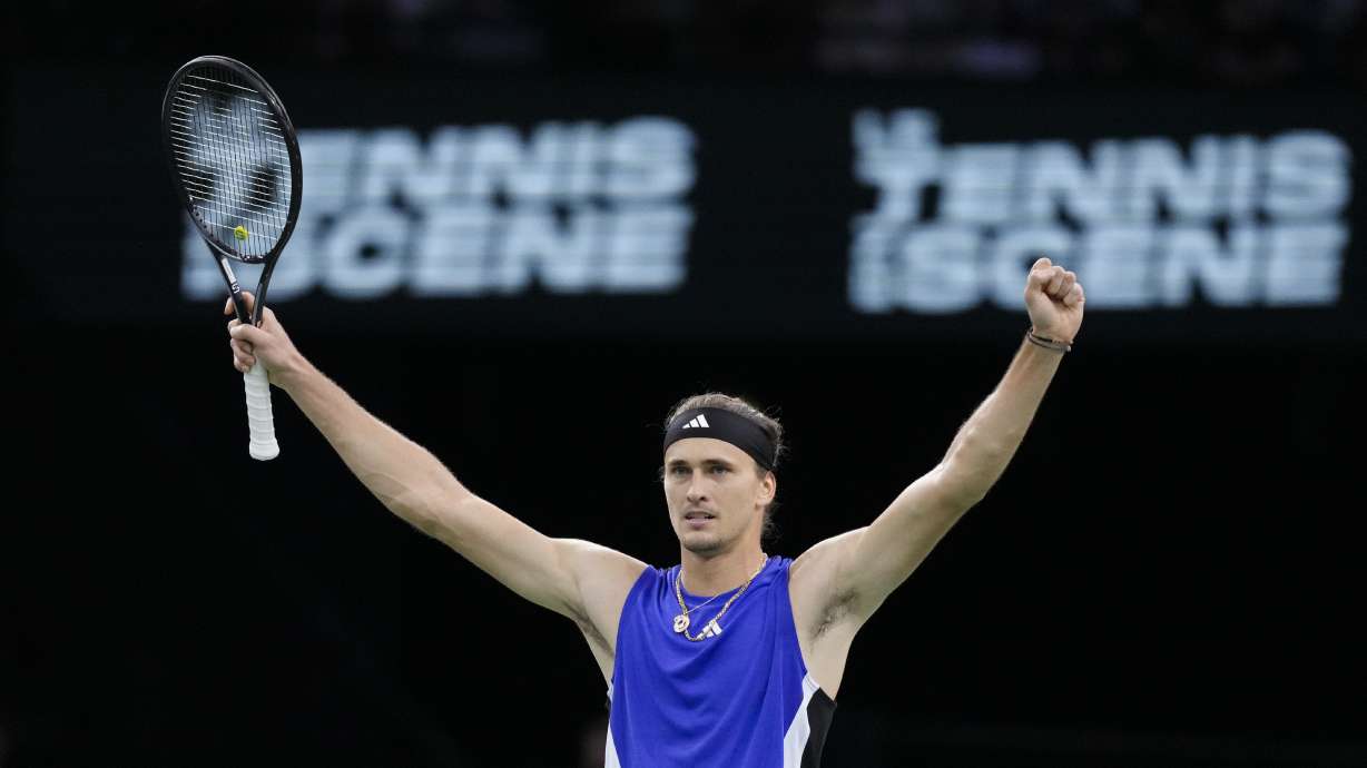 Germany's Alexander Zverev reacts after winning the semifinal match of the Paris Masters tennis tournament against Denmark's Holger Runeat at the Accor Arena on Saturday, Nov. 2, 2024, in Paris.