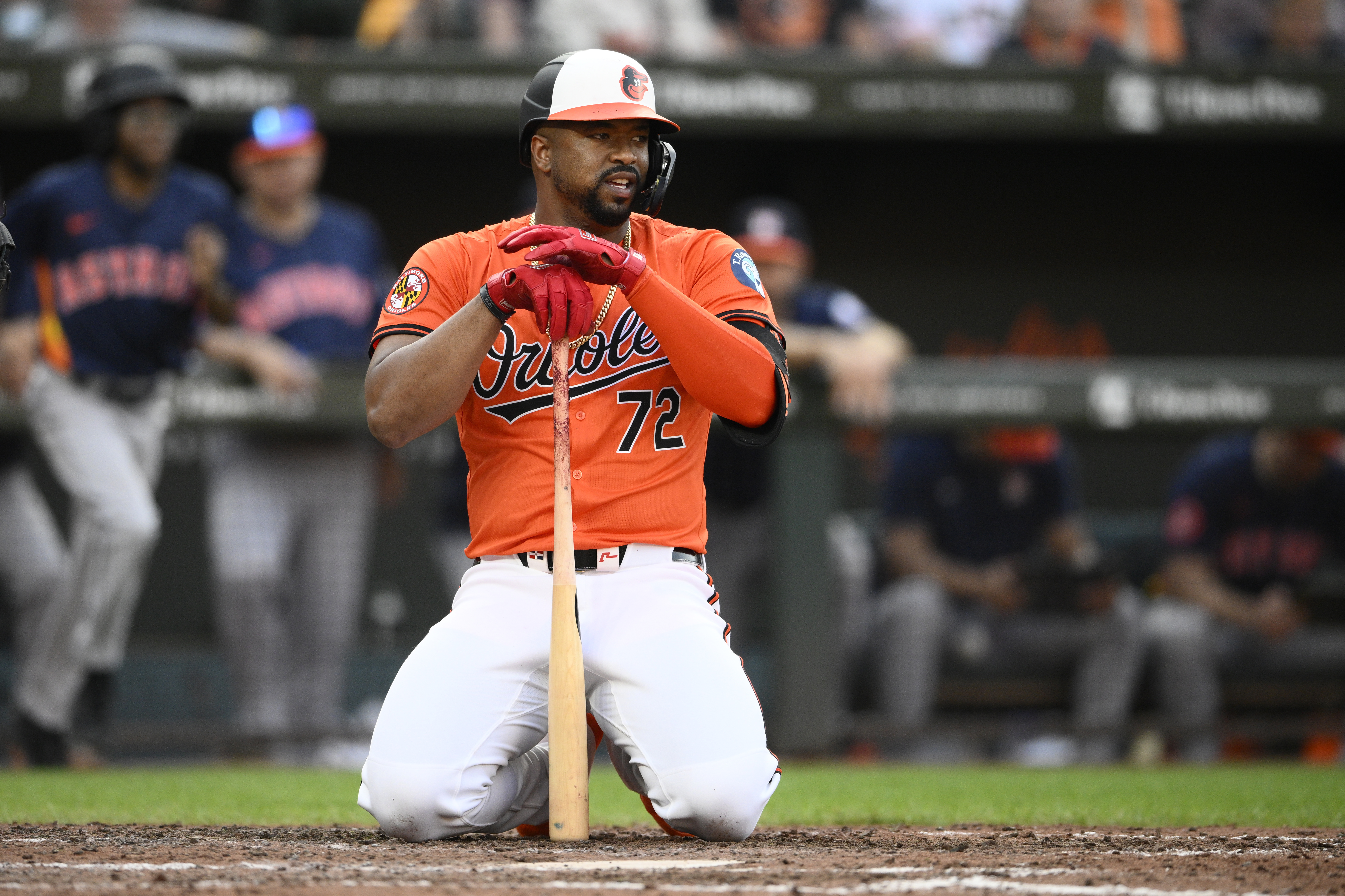 Baltimore Orioles designated hitter Eloy Jimenez looks on after he was almost hit by a pitch from Houston Astros reliever Caleb Ferguson during the eighth inning of a baseball game, Saturday, Aug. 24, 2024, in Baltimore.