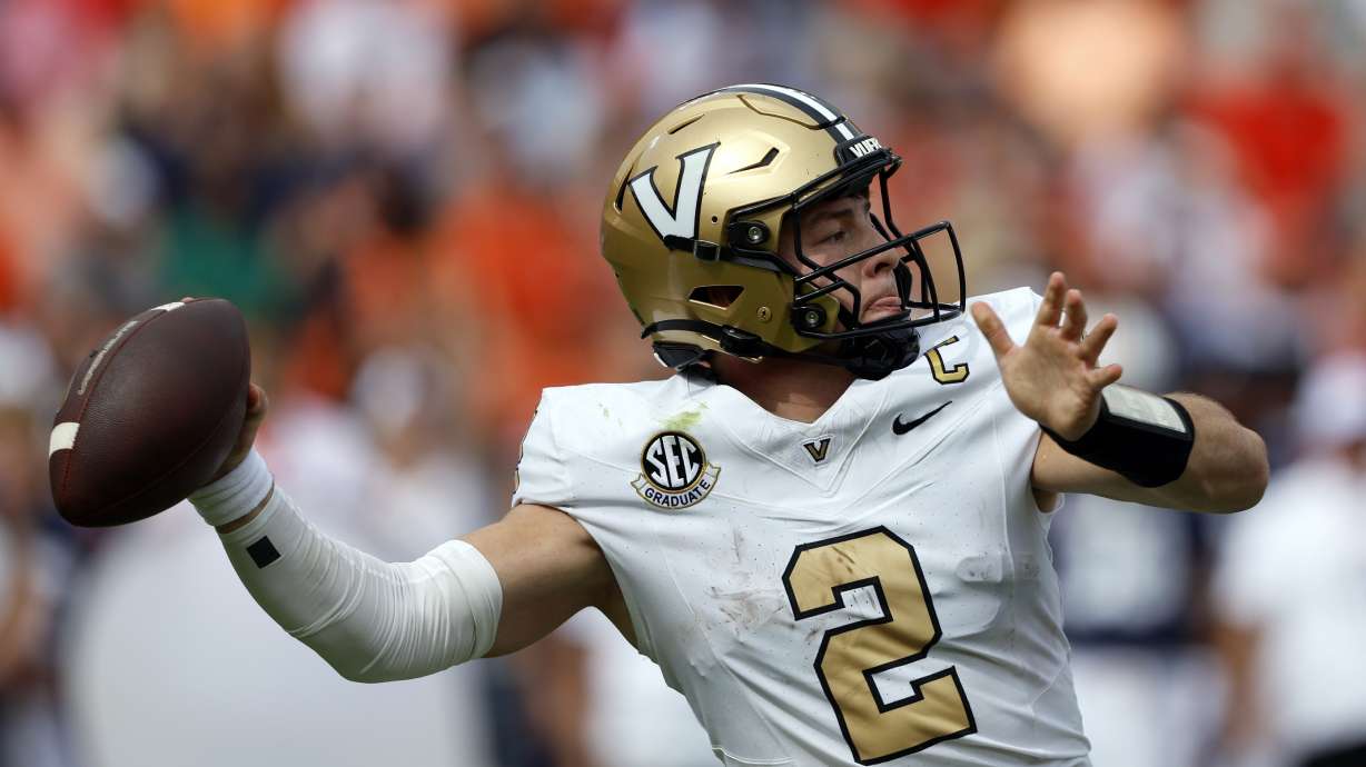 Vanderbilt quarterback Diego Pavia throws a pass against Auburn during the first half of an NCAA college football game, Saturday, Nov. 2, 2024, in Auburn, Ala.