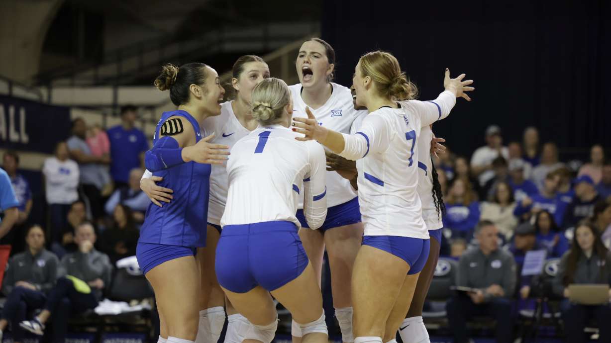 BYU celebrates a point during a Big 12 women's volleyball match against Arizona, Saturday, Nov. 2, 2024 at the Smith Fieldhouse in Provo, Utah.