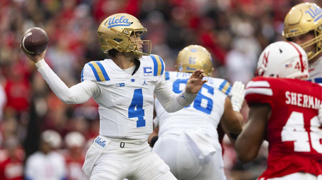 UCLA quarterback Ethan Garbers throws against Nebraska during the first half of an NCAA college football game Saturday, Nov. 2, 2024, in Lincoln, Neb.