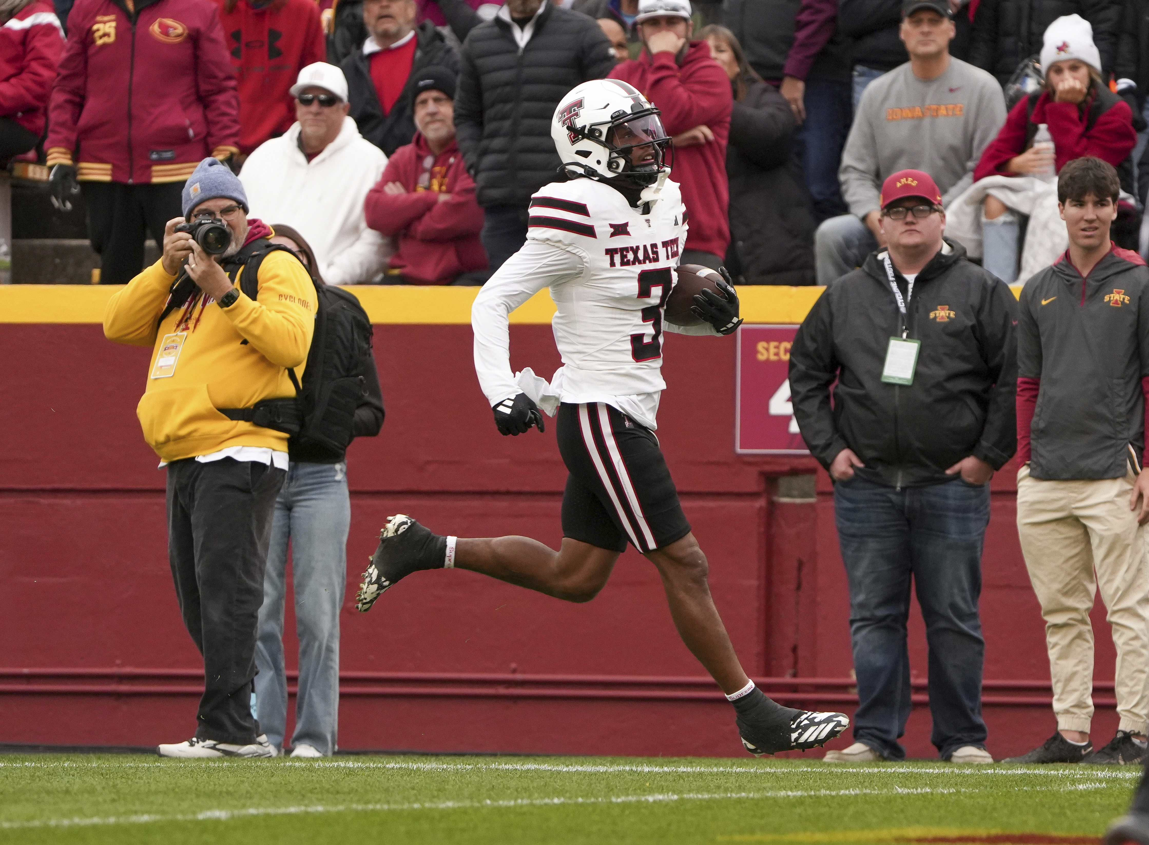 Texas Tech receiver Josh Kelly (3) runs into the end zone for a touchdown against Iowa State during the first half of an NCAA college football game, Saturday, Nov. 2, 2024, in Ames, Iowa.
