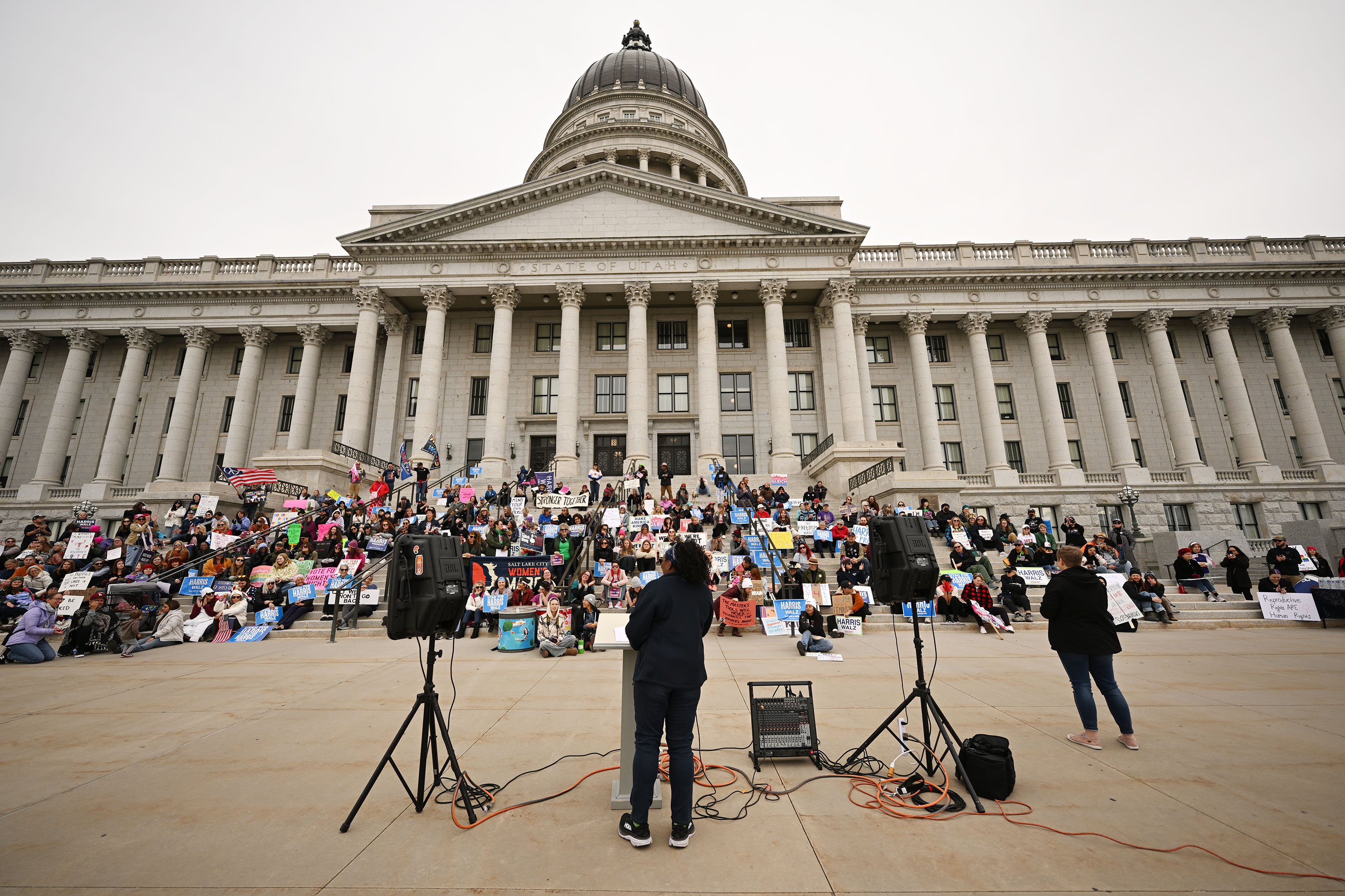 Darlene McDonald speaks to marchers at the Capitol as they participate in the National Women's March in Salt Lake City on Saturday, Nov. 2, 2024.