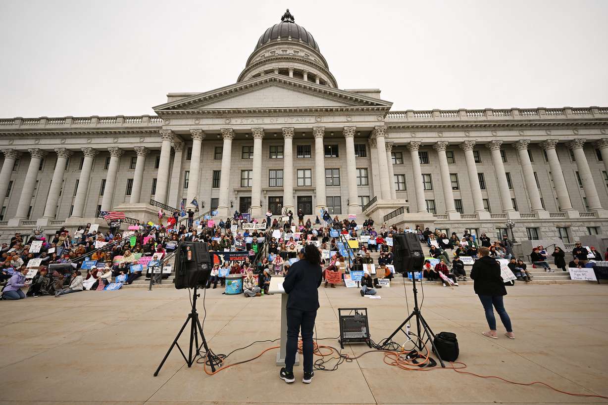 Darlene McDonald speaks to the marchers at the Capitol as they take part in the National Women’s March in Salt Lake City on Saturday Nov. 2, 2024.